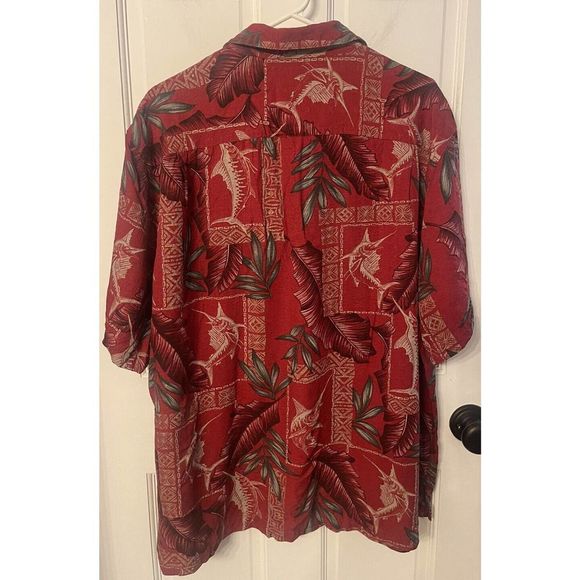 Caribbean Button Down Short Sleeve Hawaiian Shirt Mens XL~Swordfish & Palms Red - Picture 2 of 5